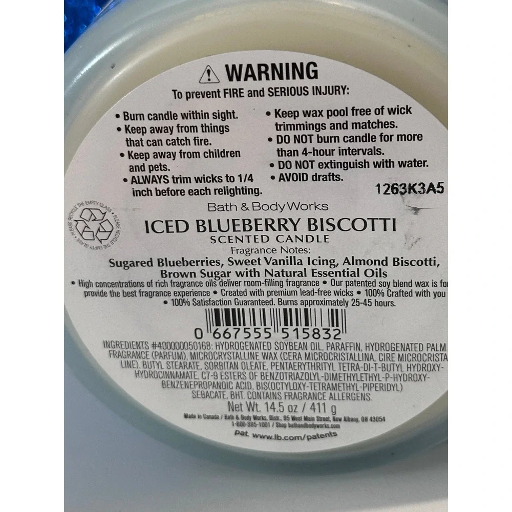 Bath & Body Works Iced Blueberry Biscotti 3-Wick Scented Candle 14.5 oz Blue Jar